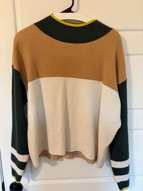 Anthropologie Maeve Colorblock Sweater in Camel, Forest Green & Yellow Trim